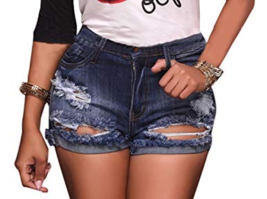 Olyha Womens Distressed High Waisted Denim Shorts Destroyed Ripped Folded Hem Jean Shorts Stretchy with Pockets