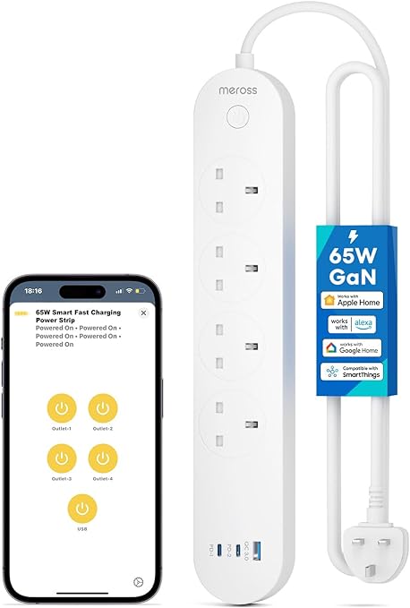 Meross Smart Power Strip, 65W GaN Fast Charger, 4 Outlet   2 USB C   1 USB A, WiFi Plug with 2 PD Ports, Support Apple HomeKit, Alexa, Google Home and SmartThings, Voice/Remote Control, 2.4GHz Only