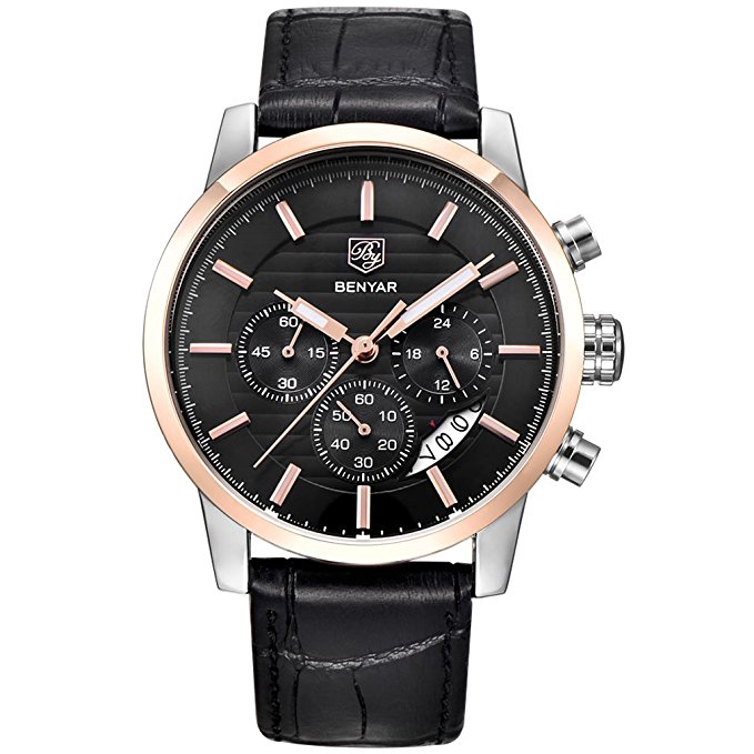 BENYAR Quartz Chronograph Waterproof Watches Business And Sport Design Leather Band Strap Wrist Watch
