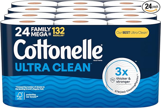 Cottonelle Ultra Clean Toilet Paper with Active CleaningRipples Texture, 24 Family Mega Rolls (24 Family Mega Rolls = 132 Regular Rolls) (4 Packs of 6), 353 Sheets Per Roll, Packaging May Vary