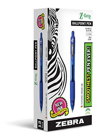 Zebra Z-Grip Retractable Ballpoint Pen, Medium Point, 1.0 mm, Clear Barrel, Blue Ink, 12-Count