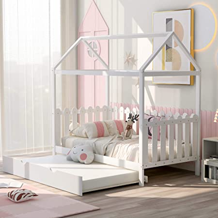 House Bed Twin Size Kids Bed Frame with Roof and Fence, Box Spring Needed (White (with Trundle))