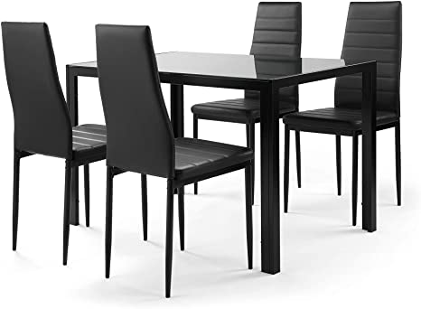 N / A 5 Pieces Dining Table Set, Kitchen Room Tempered Glass Dining Table with 4 PU Leather Chairs for Small Spaces Home Furniture Rectangular, Black