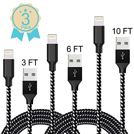 [3 Pack]BBInfinite Power Lightning Protection Cable,3FT 6FT 10FT Nylon iPhone Charger Cable USB Charging Cable for iPhone8/8 Plus/7/7 Plus/6/6 Plus/6s/6s Plus/5/5s/5c/SE.(Black White)