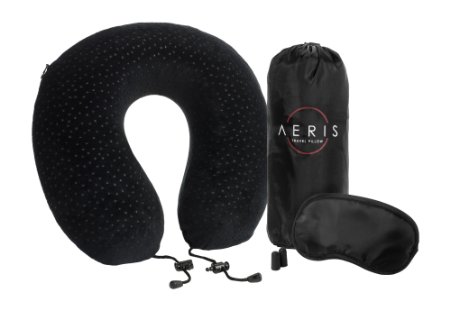Aeris Memory Foam Travel Neck Pillow with Sleep Mask, Earplugs, Carry Bag, Adjustable Toggles and Velour Cover, Black