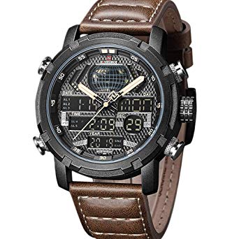 Sport Watch Digital Waterproof Military Dual Time Leather Wrist Watches with Alarm Backlight for Men's Gift