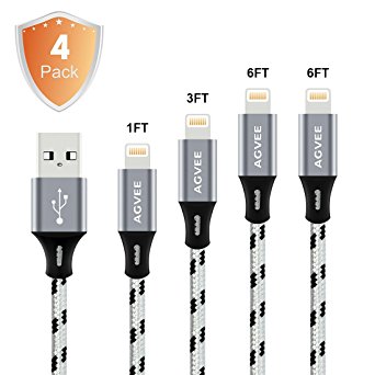 Cruel 4A Current Heavy Duty End Tip Unbreakable , Agvee 4Pack 1FT 3FT 6FT 6FT Lightning Cable Set Charger Nylon Braided Durable Fast Cord Certified to USB Car Charging for iPhone 8 7 6(Black in Gray)