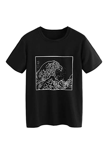 Romwe Women's Short Sleeve Top Casual The Great Wave Off Kanagawa Graphic Print Tee Shirt