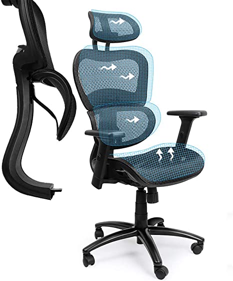 Komene Ergonomic Mesh Office Chair, High Back Desk Chairs with Adjustable Headrest Backrest, 3D Flip-up Arms, Swivel Executive Chairs Lumbar Support, Tilt Function,Non-Slip PU Wheels Black (L)