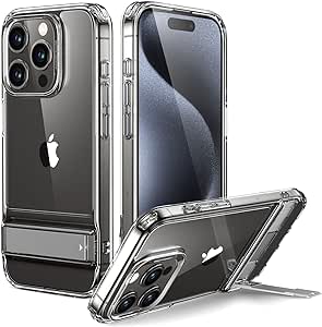 ESR Coque pour iPhone 15 Pro, Coque avec Béquille en Métal, 3 Modes de Support, Protection Anti Chutes de Qualité Militaire, Recharge sans Fil, Dos Fin avec Béquille Brevetée, Transparent