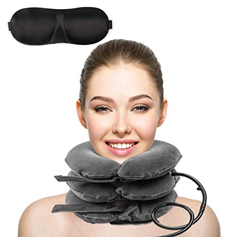 Cervical Neck Traction Device, Inflatable & Adjustable Neck Stretcher Collar Device with Bonus Eye Mask, Ideal for Spine Alignment & Chronic Neck Pain Relief