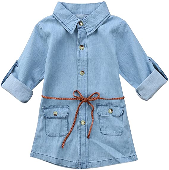BiggerStore Fashion Kids Toddler Baby Girl Half/Long Sleeve Denim Tunic Jean Shirt Dress with Belt for Girl 1-5T