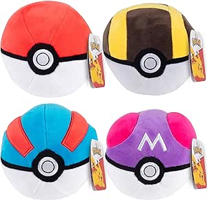 Pokemon 5" Poké Ball Plush 4-Pack - includes Pokeball, Great, Ultra, Master Ball - Officially Licensed - Quality Soft Stuffed Toy Balls with Weighted Bottom - Gift for Kids, Girls, Boys Fans