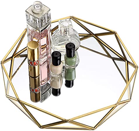 Hipiwe Mirrored Glass Make up Tray - Geometric Jewelry Organizer Tray Ornate Bathroom Vanity Tray Dresser Perfume Tray Home Decor Decorative Tray (Gold)