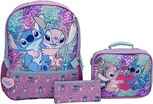 DISNEY Stitch & Angel 5 Piece Backpack Set, Flip Sequin School Bag for Girls with Zip Front Pocket, Pink & Purple