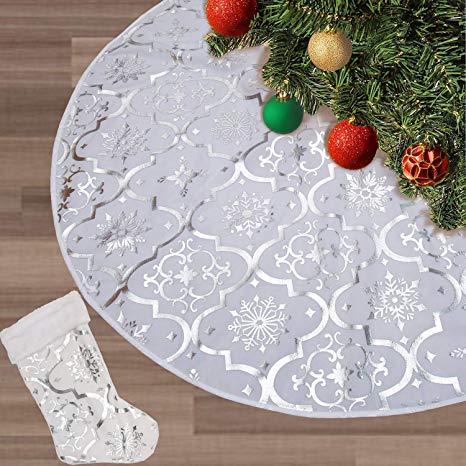 FLASH WORLD Christmas Tree Skirt,48 inches Large Xmas Tree Skirts with Snowy Pattern for Christmas Tree Decorations (White)