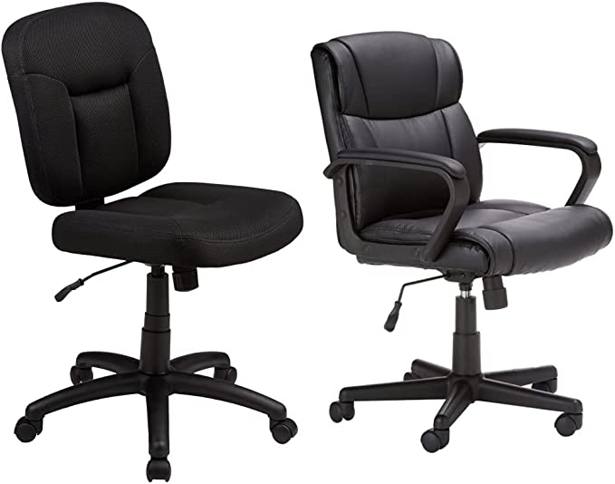 AmazonBasics Low-Back Computer Task Office Desk Chair with Swivel Casters - Black & Classic Leather-Padded Mid-Back Office Desk Chair with Armrest - Black