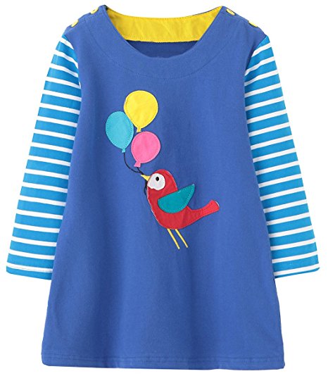 Fiream Girls Cotton Longsleeve Casual Dresses Applique Cartoon