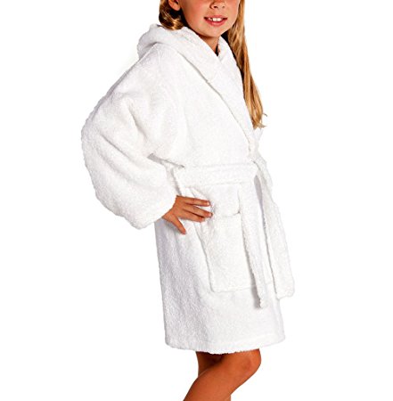 Turkish Hooded Terry Kids Bathrobes Boys and Girls (White, Large)