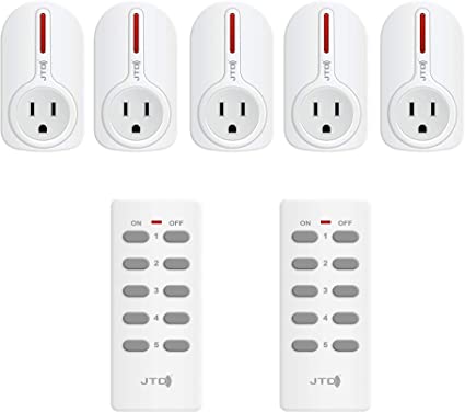 JTD 5 Pack Remote Control Outlet Switch 3rd Generation Energy Saving Auto-programmable Wireless Electrical Plug Switch for Household Appliances Lighting & Electrical Equipment (2 Remotes)