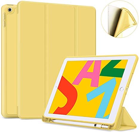 Ayotu Soft Case for New iPad 7th Generation 10.2" 2019, Auto Sleep/Wake Slim Lightweight Trifold Stand Case with Pencil Holder,Soft TPU Back Cover for Apple iPad 10.2 inch 2019 Version,Yellow