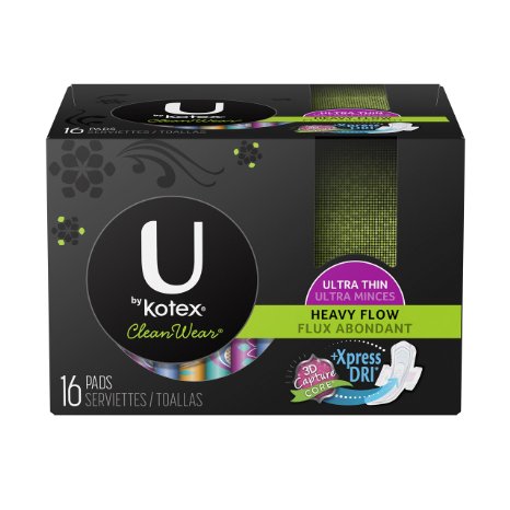 U By Kotex CleanWear Ultra Thin Heavy Flow Pads with Wings, Unscented, 16 Count