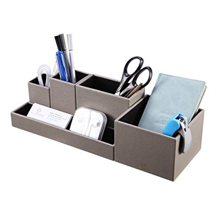 Vlando VPACK Desk Organizer - Office Desktop Leatherette 5-Compartment Pen Card Gadget Holder Stationery Storage Box for Pen, Pencil, Scissors, Name Card (Pebble Grey)