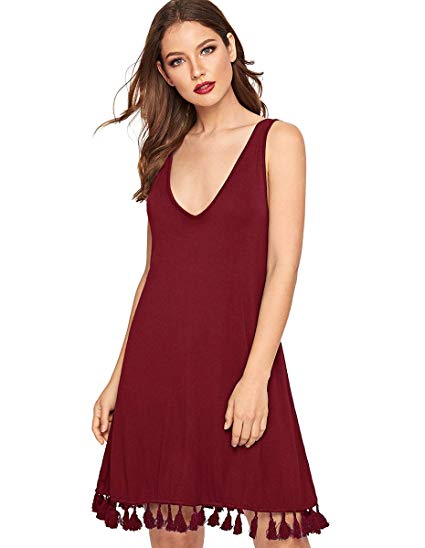 Romwe Women's Sleeveless Tassel Hem Casual Swing T-Shirt Dresses