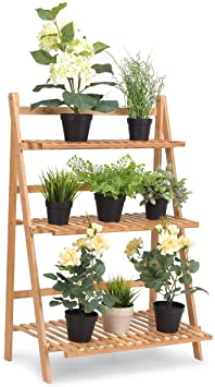 Casart Bamboo Ladder Stand Shelf, Foldable Multifunctional Flower Display Rack, 3-Tier Storage Rack for Home and Office