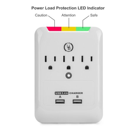 Yubi Power Slim Surge Protector - UL Listed - With 3 AC Plug Outlet Plus 2 USB Ports Charging Station with New V-socket Loading Status Color Changing Display