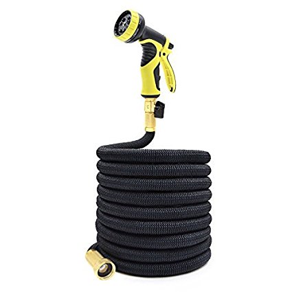 MpingT 100' Expandable Garden Water Hose, Solid Brass Ends, Double Latex Core, Extra Strength Fabric, 9 Function Spray Nozzle and Shut-off Valve magic hose(Black/Red) (100', Black)