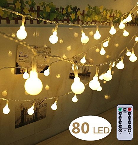 Dimmable 80 LED Globe String Lights with Remote and Timer by fourHeart 33 FT 8 Modes Battery Powered for Bedroom Patio Garden Room Birthday Party Christmas Indoor Outdoor Decor (Warm White Remote)