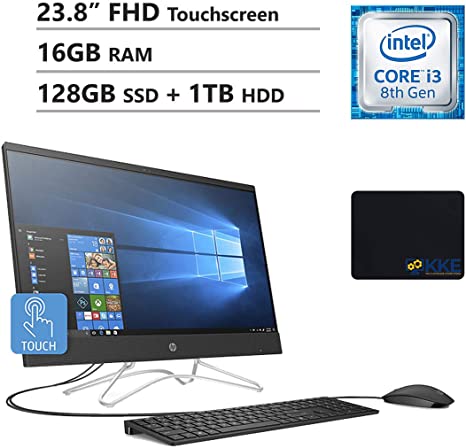 HP Newest Touchscreen 23.8" FHD All-in-One AIO Desktop, Intel Core i3-8130U Processor, 16GB DDR4 RAM, 128GB PCIe SSD   1TB HDD, HDMI, DVDRW, Wireless-AC, KKE Mousepad, Windows 10