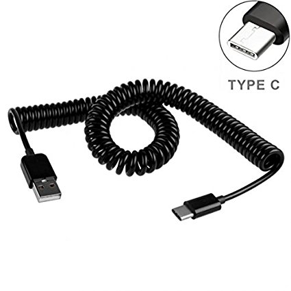 Premium Coiled Type-C Cable USB Charging Power Wire Data Sync Cord Black for LG V20, G5 - Motorola Moto Z Droid, Force, Play - HTC 10 - Google Pixel, XL - ZTE Grand X3, X4, ZMax Pro - All USB-C Phones