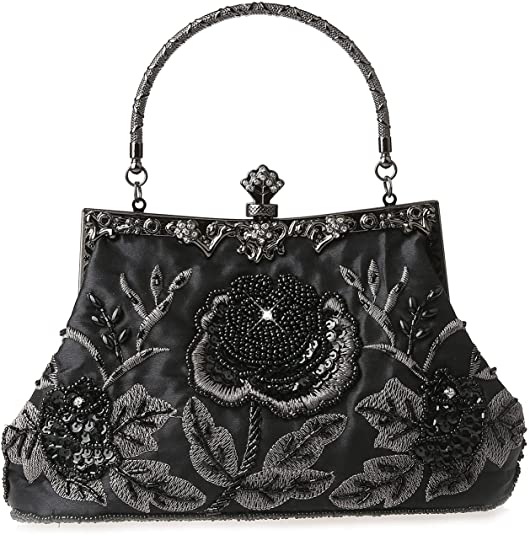 MMYOMI Women Vintage Floral Beaded Rhinestone Embroidery Clutch Evening Handbag