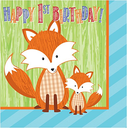 Creative Converting 16 Count 3 Ply 1st Birthday Forest Fox Lunch Napkins, Brown/Green