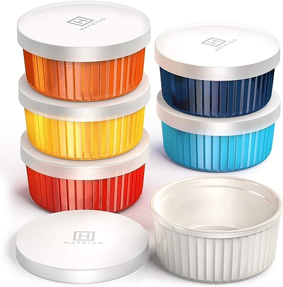 Hatrigo Porcelain Ramekins with Silicone Storage Lids, Set of 6 Assorted Colors, 10 oz Oven Safe to 450 deg F, Dishwasher Safe