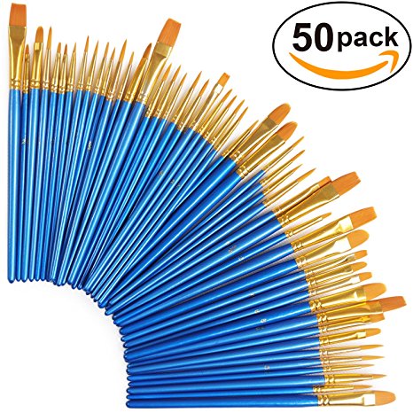 5 Pack Paint Brush Set, 50 pcs Nylon Hair Brushes for Acrylic Oil Watercolor Painting Artist Professional Painting Kits