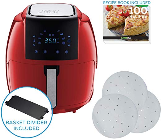 GoWISE USA 7-Quart 8-in-1 Digital Air Fryer XXL with Basket Divider Accessory   Parchment Paper   Recipes (Red)