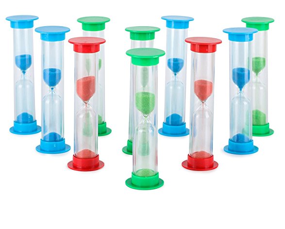 Sand Timer Set (1 Min) Large 10pcs Pack - Colorful Set of One Minute Hour Glasses for Kids, Adults - Colors: Blue, Green, Red by Jade Active