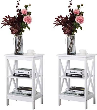 JAXPETY Set of 2 Modern 3-Tier Nightstand Desk Storage Shelf, X-Design End Tables Coffee Side Table for Office, Living Room, Bedroom Furniture, White