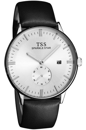 TSS Menss White Dial Silver Hand Black Leather Band Subdial Quartz Watch