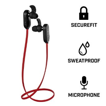 Brass Tacks RUNNERZ Bluetooth Earbuds: SecureFit, Sweat Proof, Wireless headphones for Running, Workout, Gym, Sport - 4.1 EDR, Mic, 2x pairing - Red