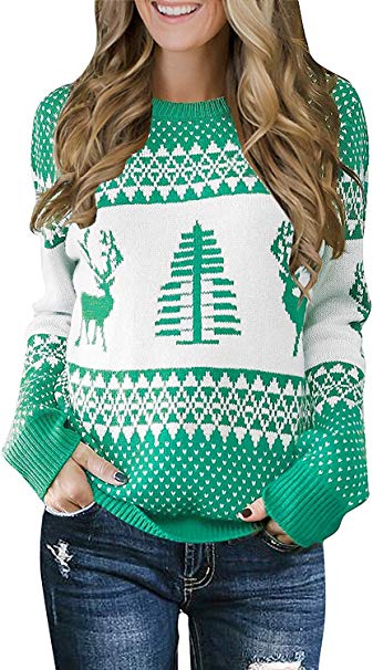 IRISGOD Womens Ugly Christmas Sweater Xmas Reindeer Long Sleeves Knit Pullover Tops