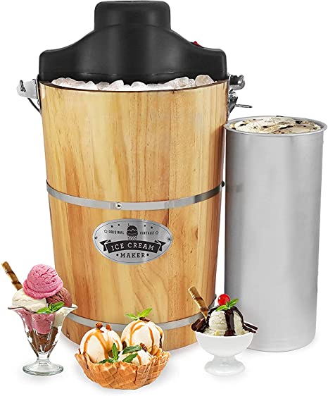 Elite Gourmet Old Fashioned Vintage Appalachian Wood Bucket Electric Maker Machine, Bonus Classic Die-Cast Hand Crank, Uses Rock Salt Churns Ice Cream in Minutes, 6 Quart, Pine