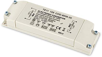 Electronic dimmable transformer in slimline format for halogen light bulb, 230 V to 12 V, 35 W to 105 W