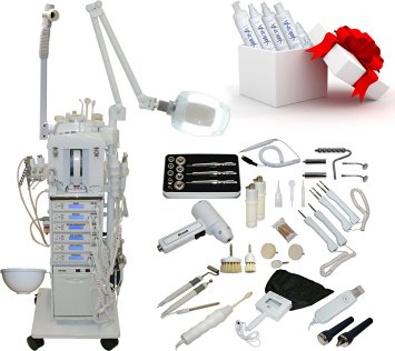 LCL Beauty 17 in 1 Facial Machine: Diamond Microdermabrasion, Digital Bio-Lift Microcurrent, Galvanic, High Frequency, Skin Spot Remover, Exfoliating Massage Brush, Vacuum Extractor, Spray Diffuser, Ultrasonic Skin Scrubber, Ultrasonic Facial Cleanser, Aromatherapy Facial Steamer, Hot Towel Cabinet & UV Sterilizer, Mag Lamp, Wood's Lamp