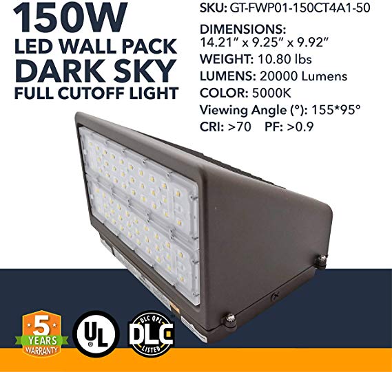 150W Wall Pack LED - 20000 Lumens, LED Powered Outdoor Security Full Cutoff Wall Pack Lights - Commercial or Industrial Security Lighting - 5000K - (UL   DLC)