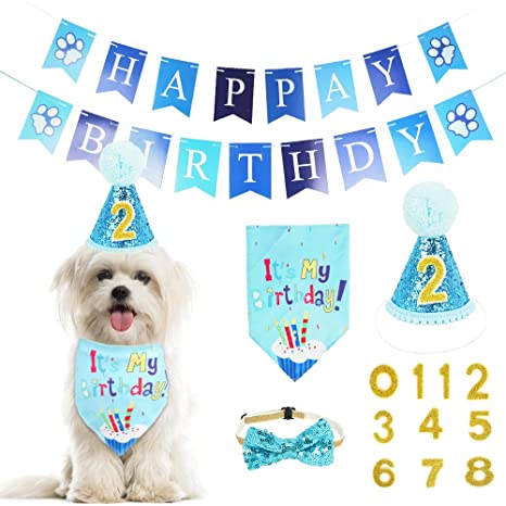 WOVTE Dog Birthday Bandana Hat Banner Set,Dog Happy Birthday Adorable Hat Banner Cute Neckerchief Ties for Boys and Girls, Party Accessories, Birthday Decorations