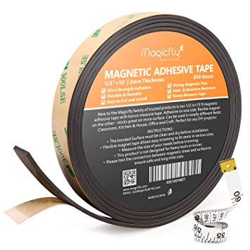 Magcifly Magnetic Adhesive Tape, 0.5 Inch X 15 Feet Magnetic Strip with Strong Adhesive for Craft & DIY Projects, Sticky Magnetic Roll Perfect for Fridge.